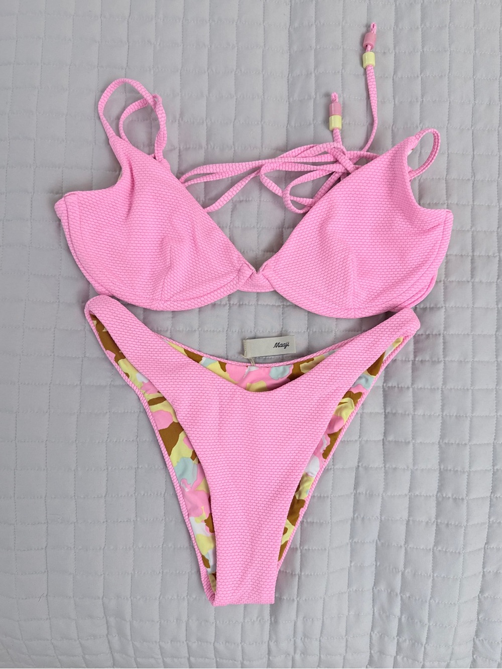 Maaji Reversible Pink Two-Piece Bikini Set in size M (bottom) and L (top)